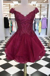 Cap Sleeves V-Neck Beads Short Prom Dress, Burgundy Homecoming Dress